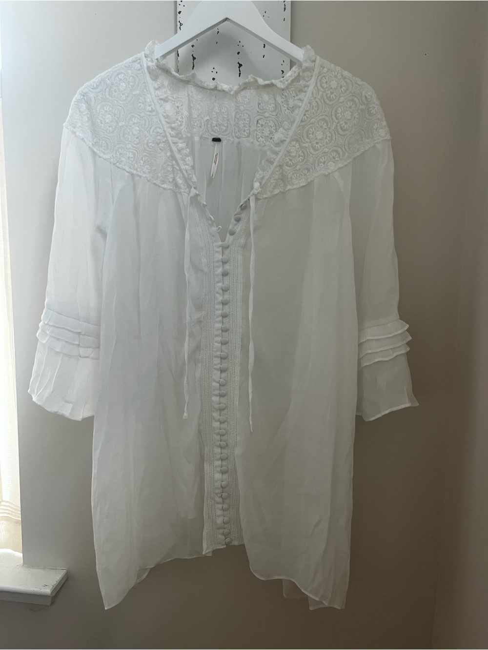 Free People sheer button-down features delicate lace trim and ruffle sleeves - Picture 6 of 11